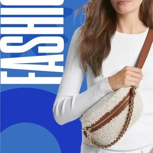 Michael Kors Shearling Sling Crossbody Belt Bag - Cream with Brown Leather Trim